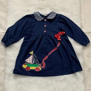 Navy Blue Kids Casual Dress with Sailboat Design